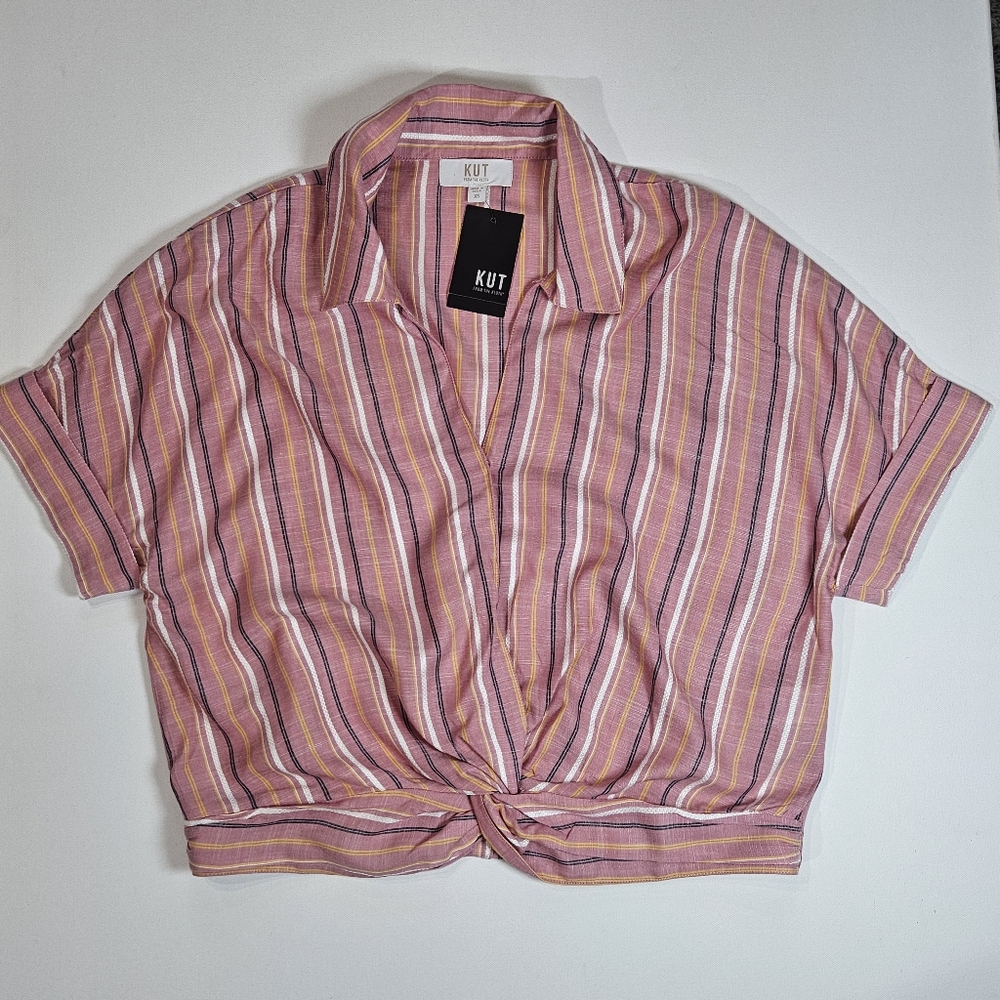 Kut From The Kloth Shirt Womens XS Pink Yellow Striped Twist Front Cropped Top